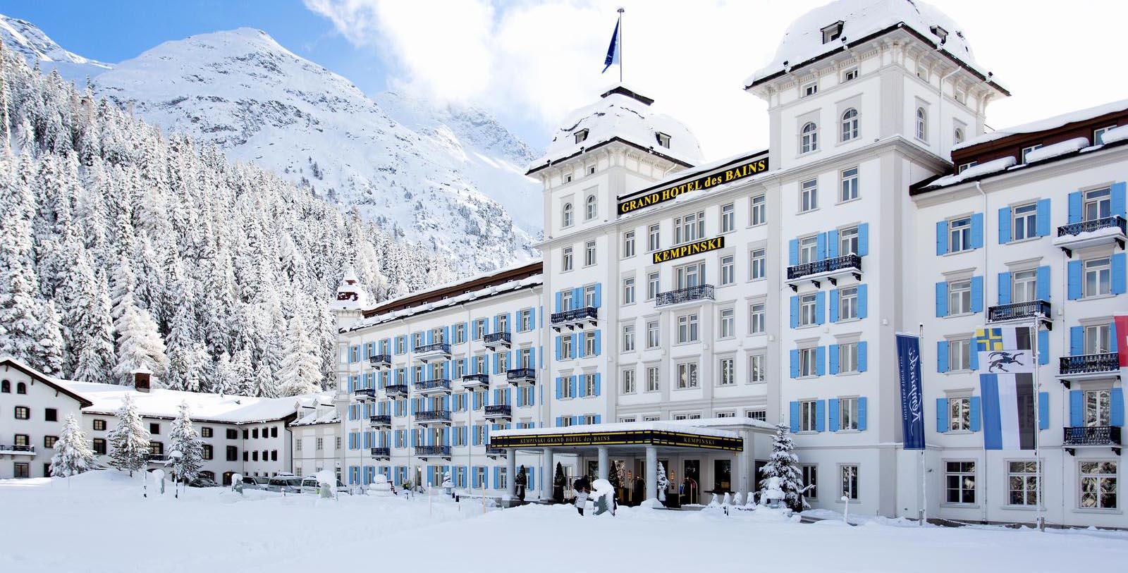 Image of Hotel Exterior Kempinski Grand Hotel des Bains St. Moritz, 1864, Member of Historic Hotels Worldwide, in St. Moritz, Switzerland, Special Offers, Discounted Rates, Families, Romantic Escape, Honeymoons, Anniversaries, Reunions